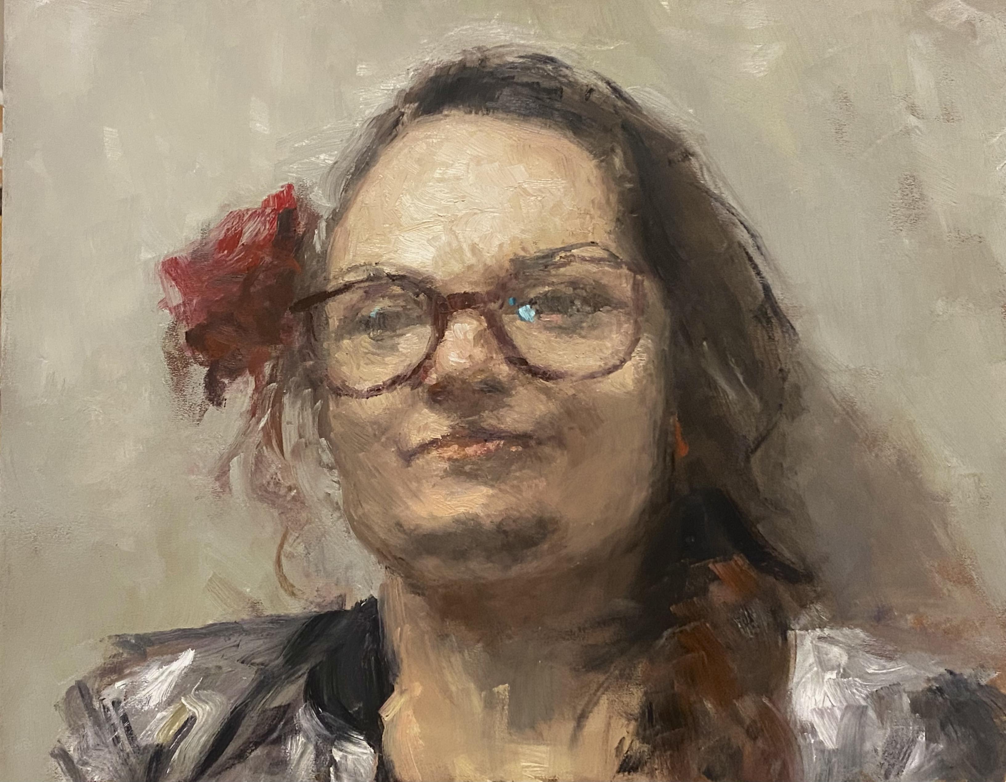 Portrait painting in oils done alla prima. It shows a woman with long hair and a rose (badly drawn) stuck on their right side.  30x24  cm oil on panel, painted in 2.5 hours