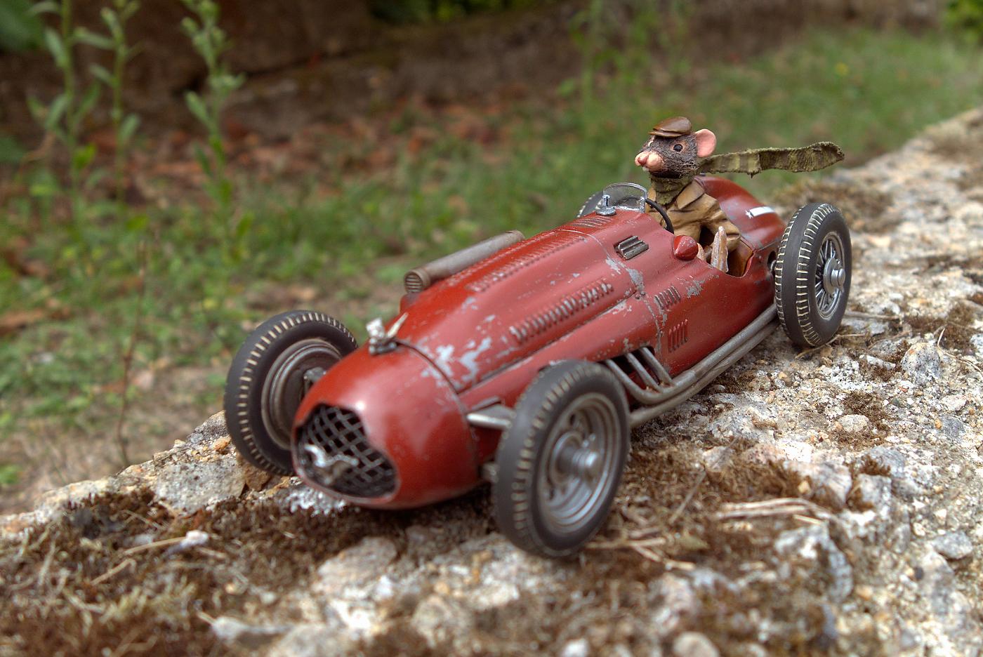 Rat racer figure riding a model car.