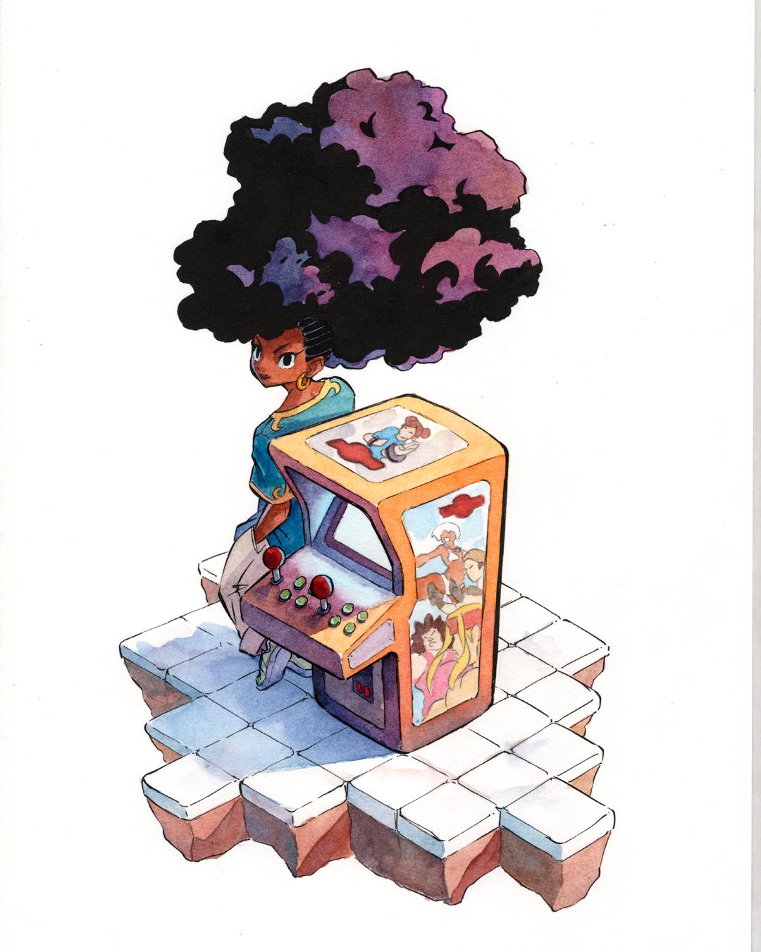 Watercolor painting of a girl waiting waiting for an opponent next to an arcade cabinet, she has a blue t-shirt with a yellow rim akin to Chun-Li's, beige pants, and a big afro hairdo. The cabinet is yellow and very much inspired by Street Fighter III: 3rd Strike.
