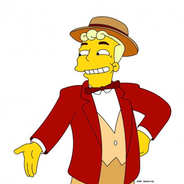 It's a drawing from the Simpsons, showing Lyle Lanley, the Music Man Harold Hill-esque huckster who convinces Springfield that monorails are a good investment.  He's wearing a red jacket, a red bowtie, a hat; his bangs have three curls, and he has a large smile that says "trust me".  His monorail was terrible.