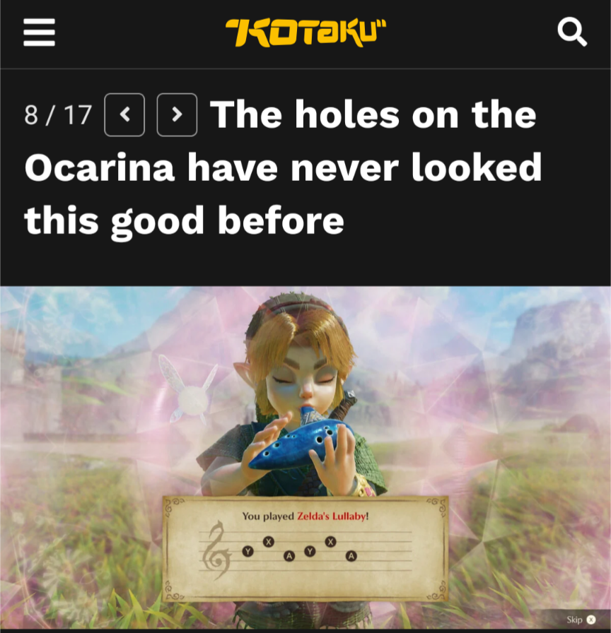Kotaku comment on OOT remake with screenshot of LInk playing Zelda's Lullaby on an ocarina which says: The holes on the Ocarina have never looked this good before
