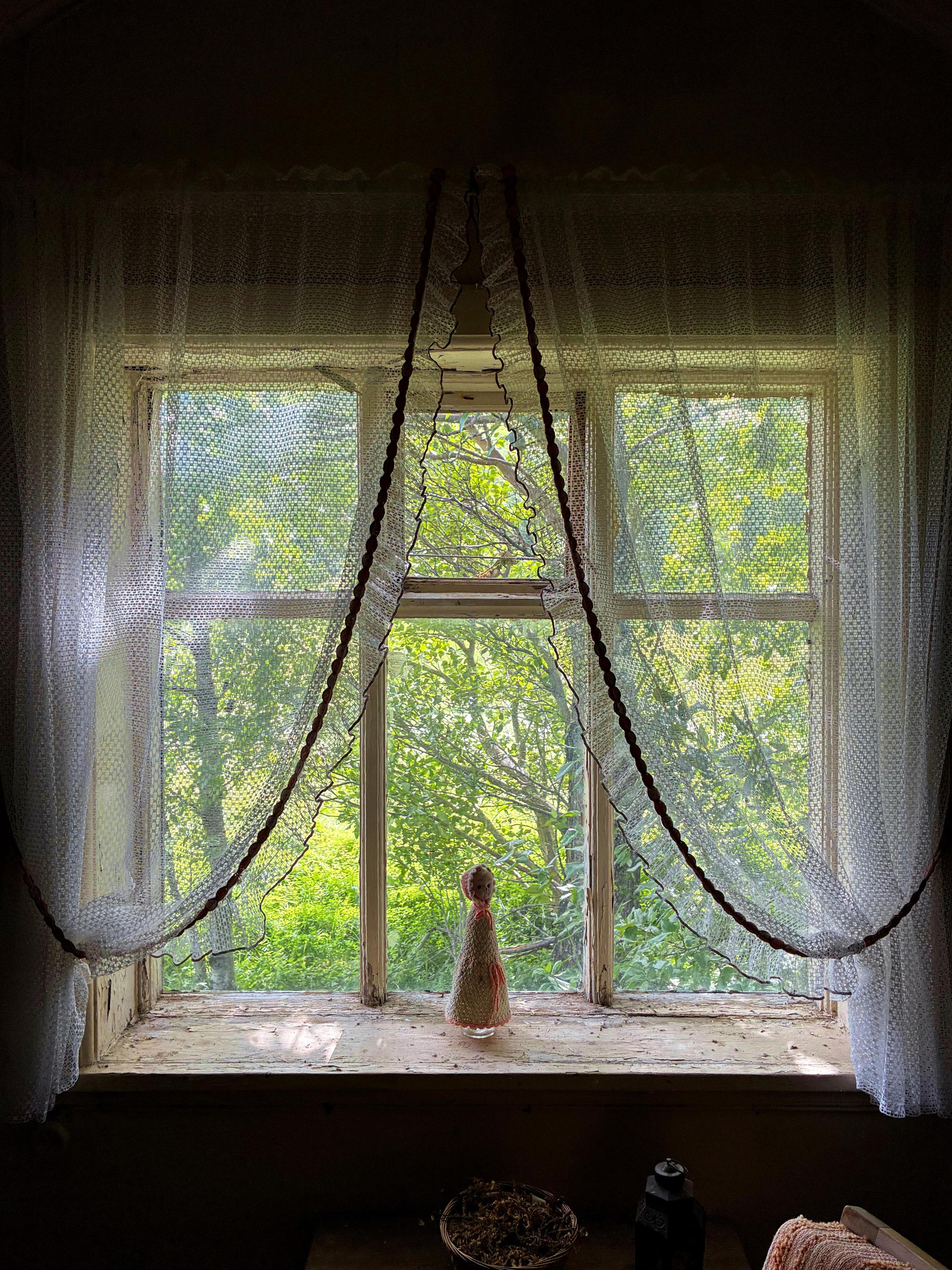 A window in an abandoned house with lace curtains overlooking trees.