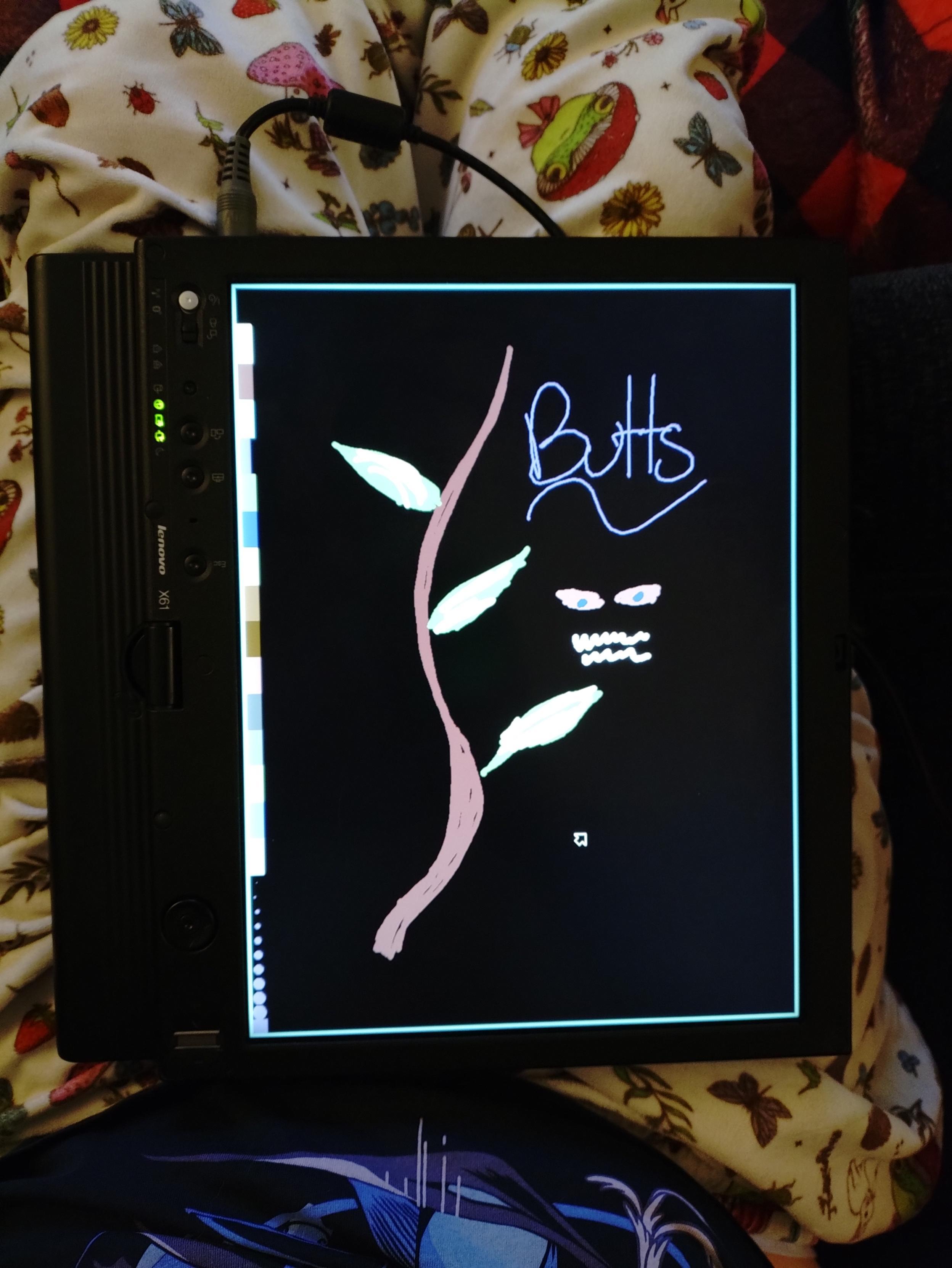 a photograph of some bullshit i drew with this tablet on 9front with paint(1).  black background, some glowing monster face, a tree branch, and the word "butts"