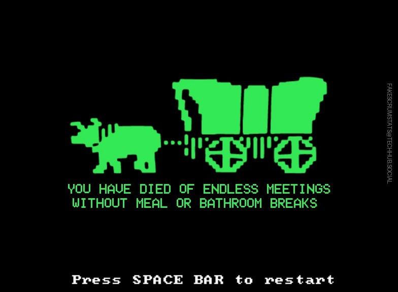 Oregon Trail video game screenshot that has been altered to read: you have died of endless meetings without meal or bathroom breaks