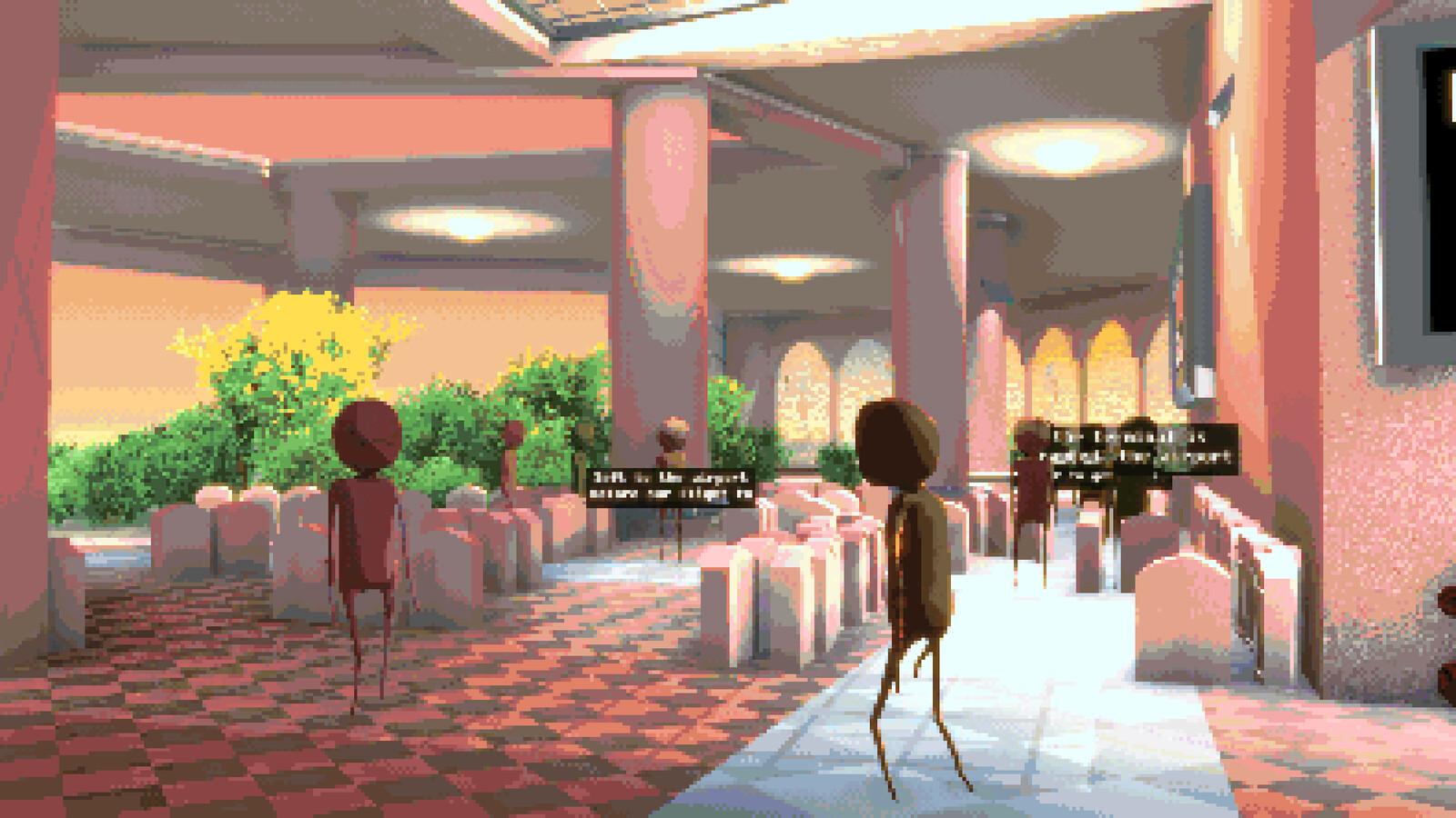 Screenshot of Brownie Cove Cancelled by Sand Gardeners, where I did the art. It's a crunchy, dithered scene of an airport lobby with pink walls and a checkered floor. There are withered stick figures roaming around, and the lobby is full of gravestones. There are small, distorted text boxes over some of the characters, but I can't quite make out what they say on the image preview.
