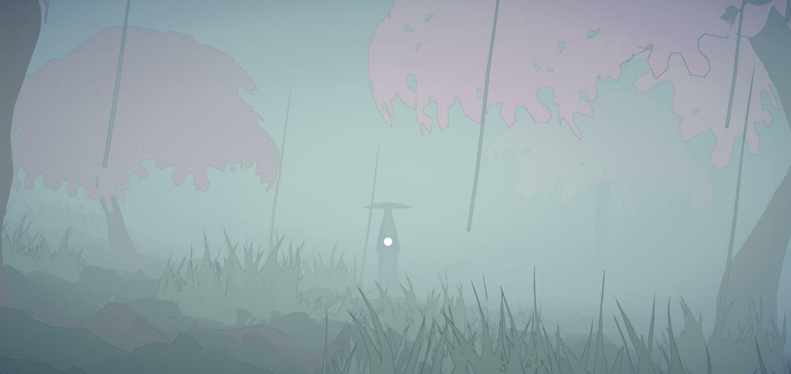 Screenshot of my game This, Too, Shall Pass. It's very stylized and illustrative, a landscape, very thick fog. There is some rain, a grassy ground and a few pink cherry trees are visible. In the center of the image is an unsettling statue with a very wide head, holding a glowing orb