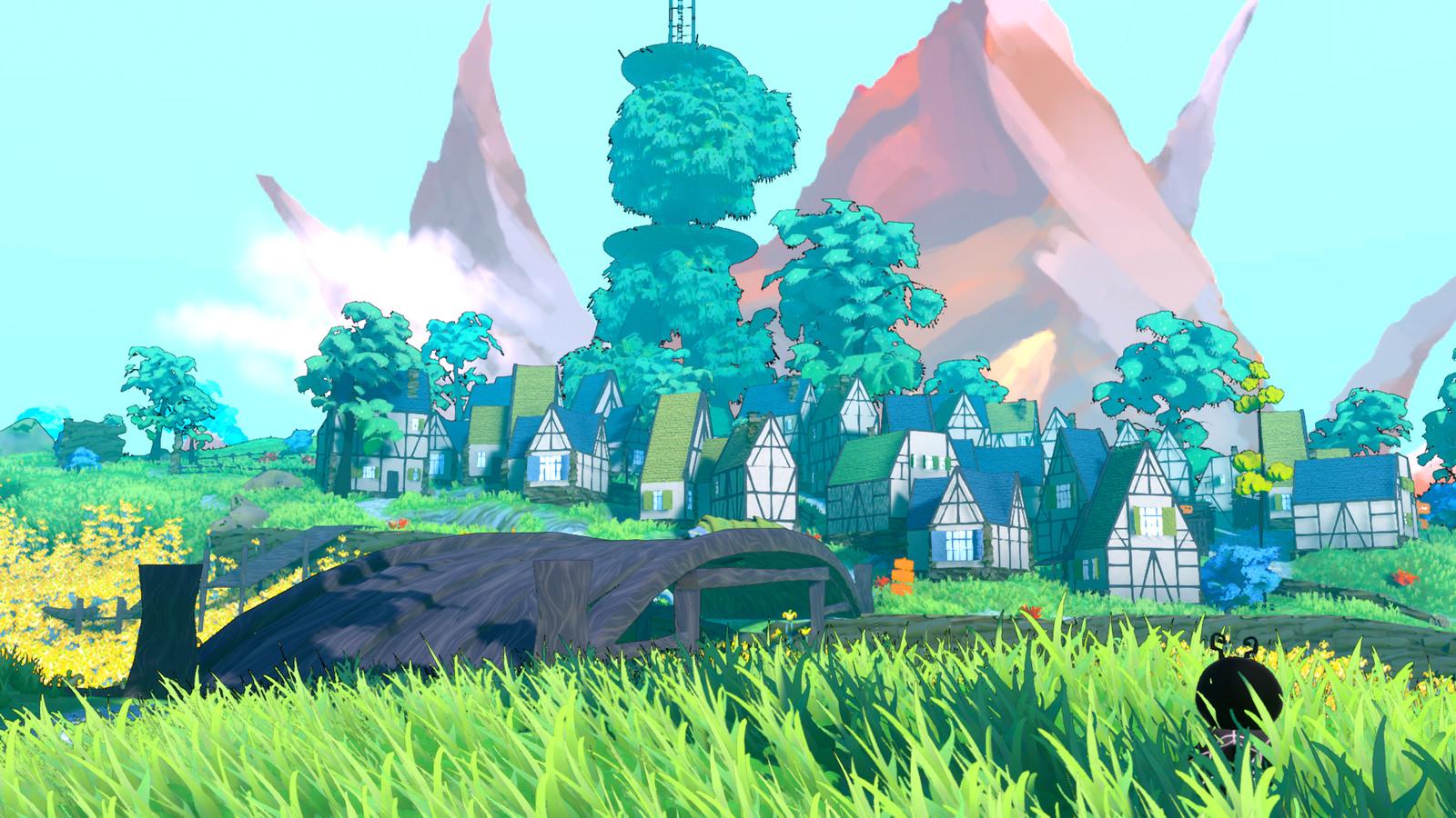 Screenshot of my game Buto. It's stylized and also quite illustrative. It's a landscape with a European style village on the far side of a wooden bridge. There is a large red mountain in the background. The bridge goes over a river of yellow flowers, and the foreground is covered in lush green grass. Amidst the grass is the head of a little bug guy, the titular Buto.
