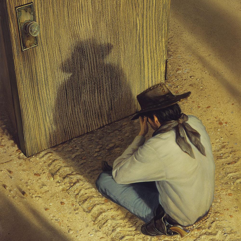 Detail from THE ARTIST’S DOOR featuring Roland sitting cross legged with head in hands. His cowboy hat is hand stitched. His head dips, and the long ends of a dark handkerchief tied at his neck fall on the back of his light gray shirt. His gun is holstered at his hip and the brass heads of bullets wind around the back of his waist. 