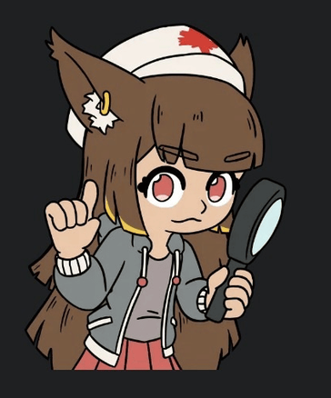 the Anubis mascot designed by CELPHASE. a skeptical cat-eared person, gesturing you to wait, holding a magnifying glass up to their face