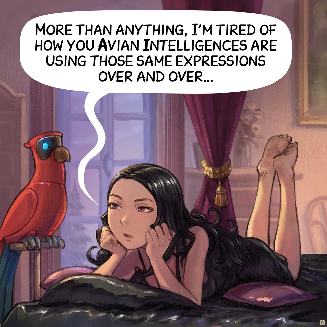 Panel 1. Cepper, a gothic sorceress, is experiencing "AI fatigue", but with class. She is on her bed, still in her nightgown, at evening. Nearby the bed, her Avian Intelligence (AI) parrot on a perch.   > Cepper: "More than anything, I'm tired of how you Avian Intelligences are using those same expressions over and over…"