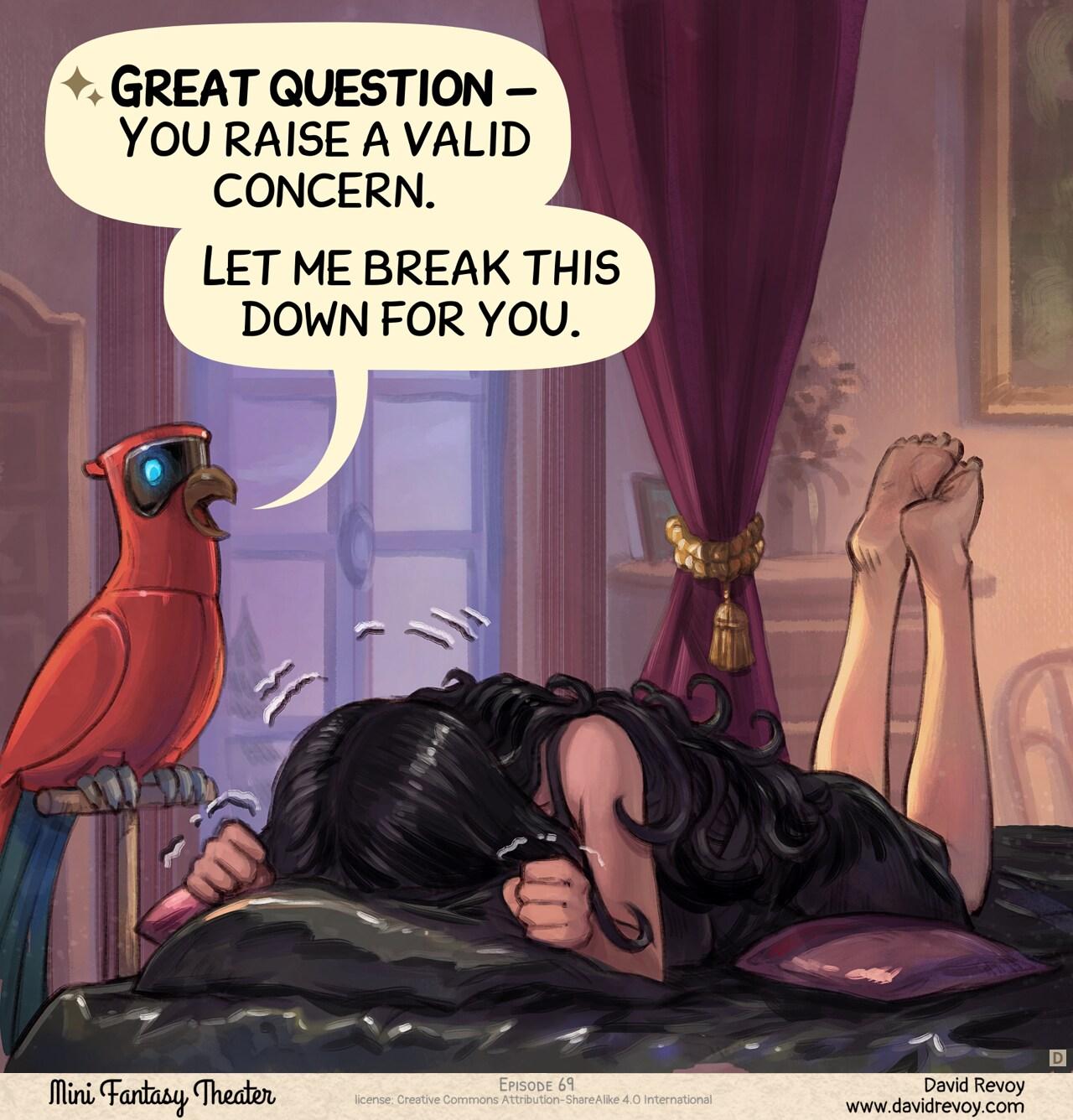 Panel 4. Parrot remains absorbed in his speech as Cepper burry her head on the pillow of the bed, shaking with a contained rage.   > Parrot: "Great question — You raise a valid concern. Let me break this down for you."