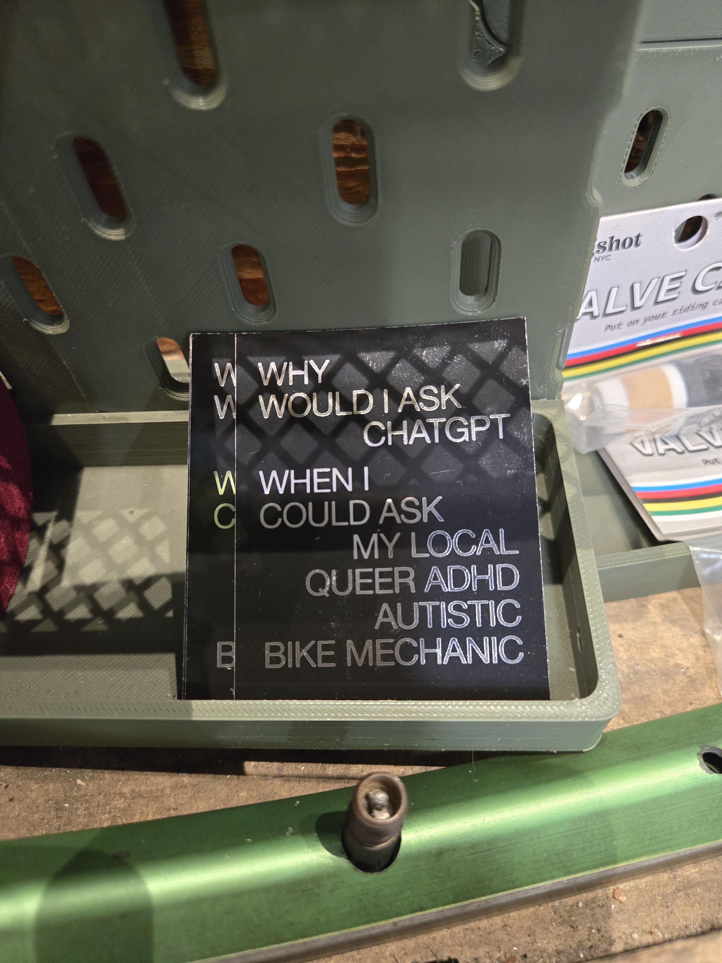 shiny black sticker that says in all caps, "why would I ask ChatGPT when I could ask my local queer ADHD autistic bike mechanic"