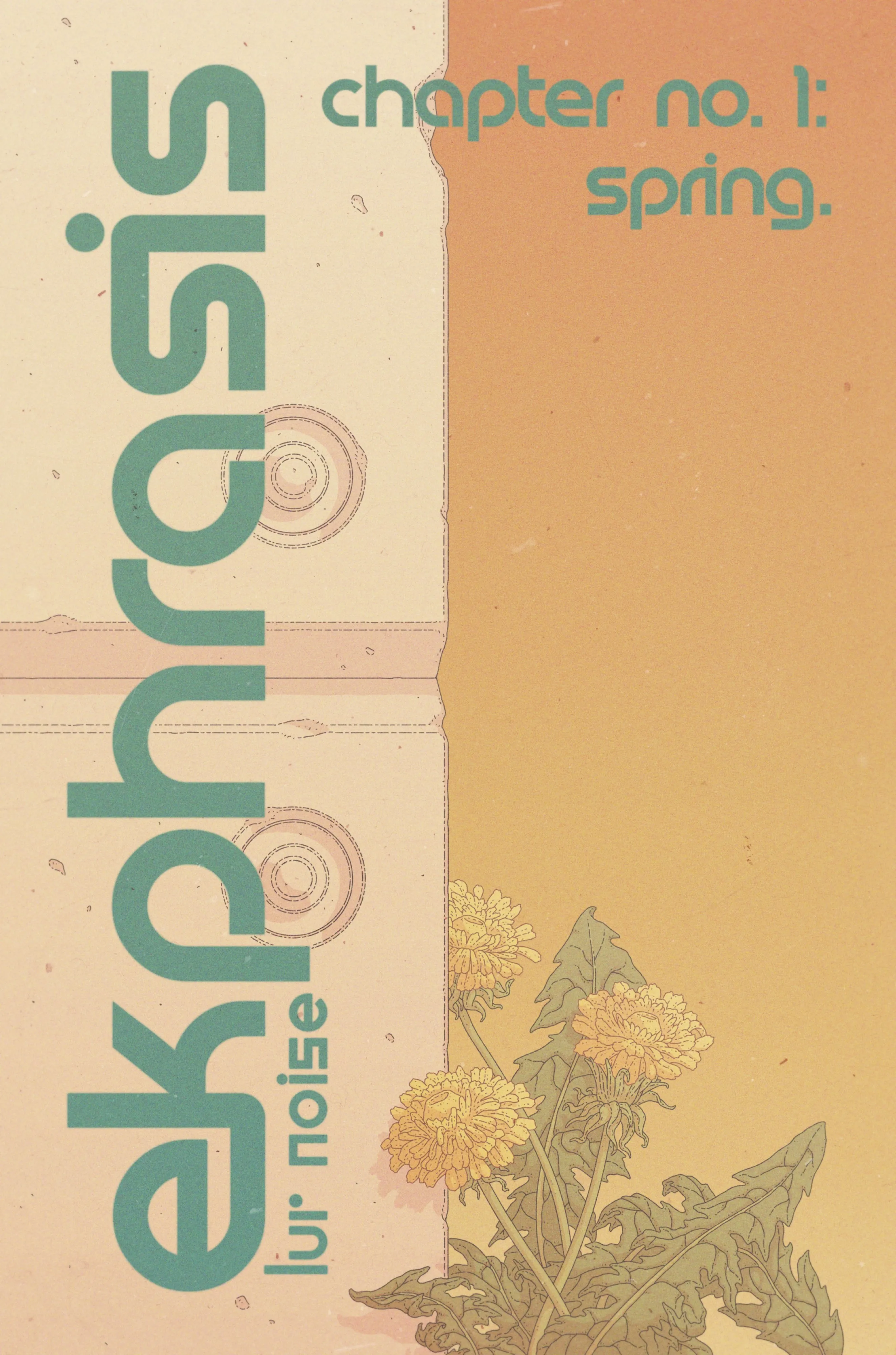 Cover of the comic, depicting some dandelions growing besides a white concrete wall at sunset.