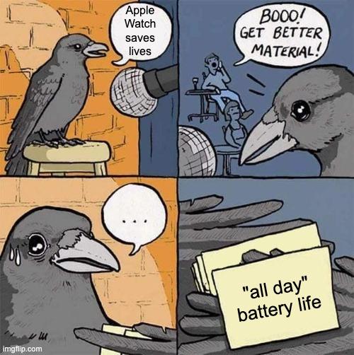 A bird stand-up comedian says: "Apple Watch saves lives", a heckler boos: "Get better material!", the bird panics, looking at a cue card that says: "all day battery life"