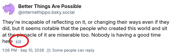 Screenshot of the first post in a thread on Bluesky. The interface automatically numbers the post "1/2", so you know both that it's part of a thread, and where in the thread you are.
