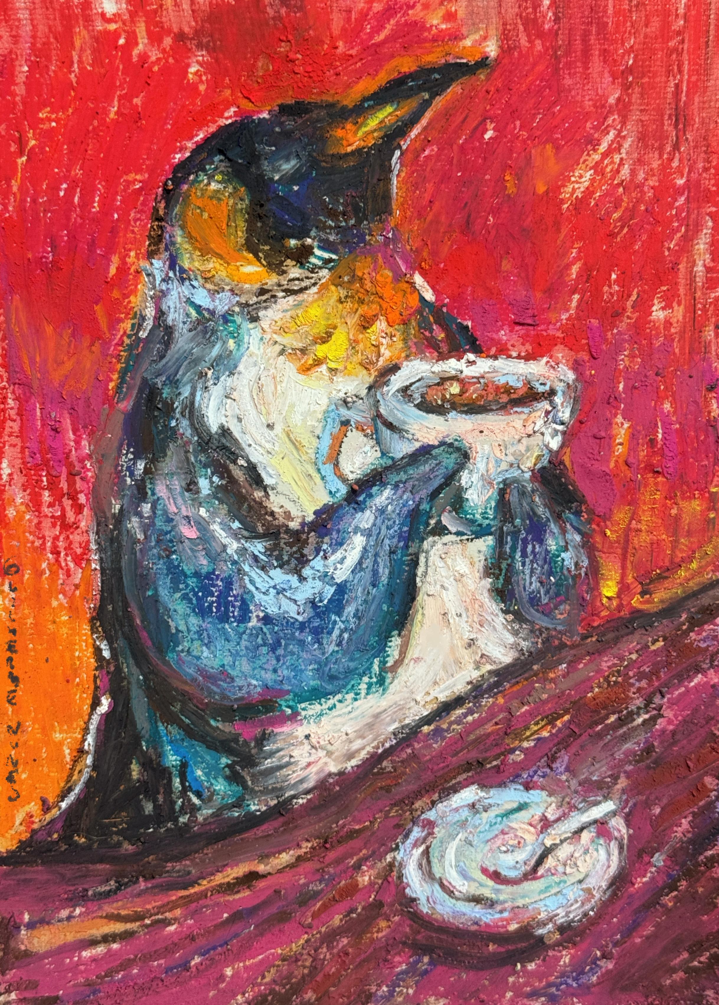 painting of a penguin drinking coffee against a vivid red background