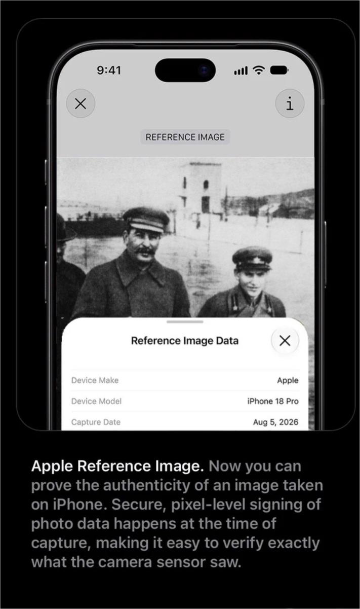 A black and white photo of Ioseb Jughashvili, better known as Joseph Stalin, and Nikolai Yezhov. The caption reads "Apple Reference Image. Now you can prove the authenticity of an image taken on iPhone. Secure, pixel-level signing of photo data happens at the time of capture, making it easy to verify exactly what the camera sensor saw."