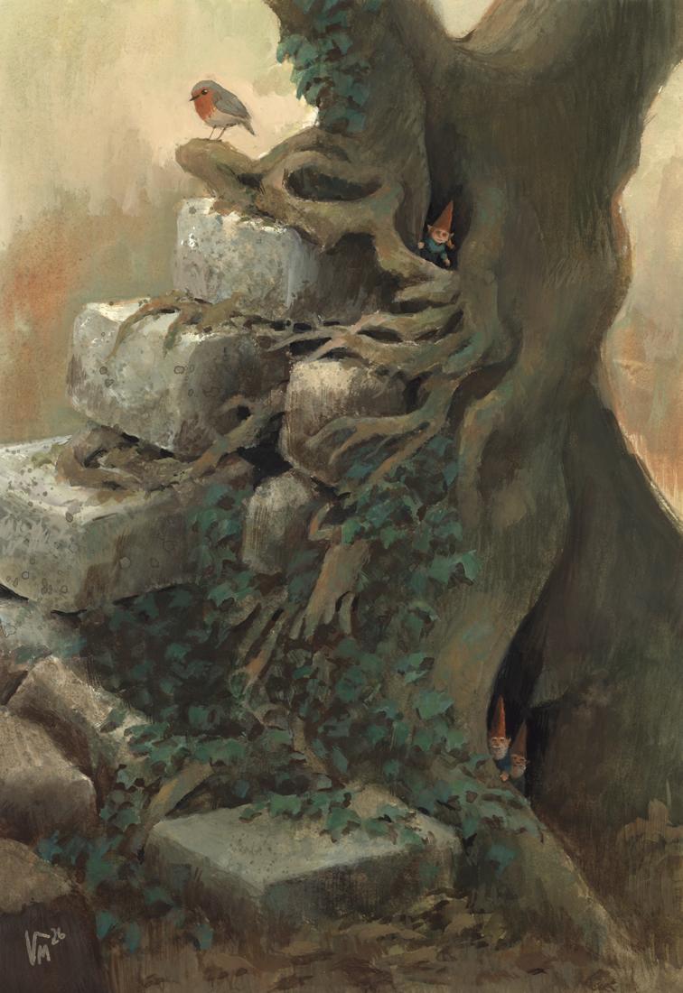 Painting of a twisting tree hugging some piled stones. A robin stands on top, little gnomes can be spied peeking through holes in the trunk.