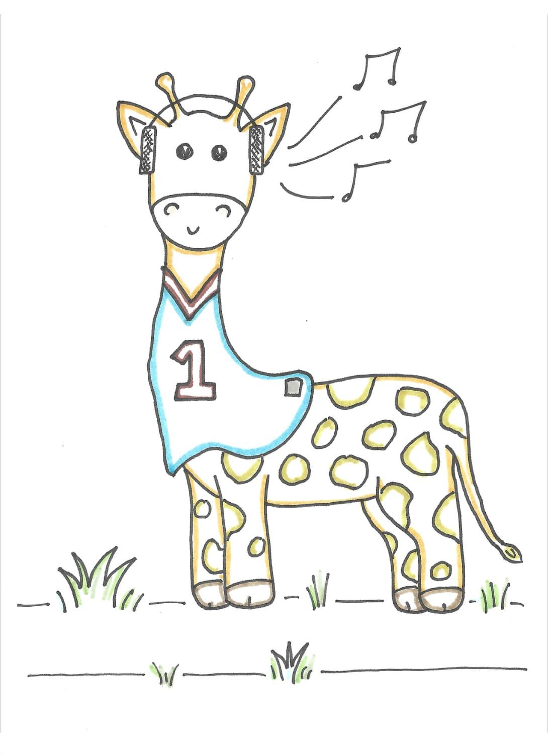 A drawing of a giraffe in a 70s style blue football jersey with headphones on