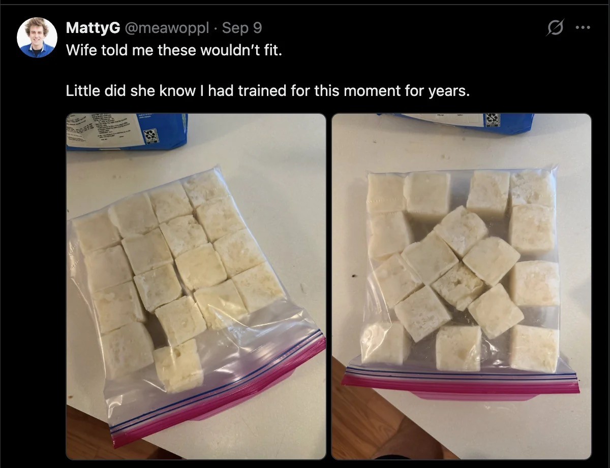 Wife told me these wouldn't fit. Little did she know | had trained for this moment for years. Image is of 17 Turkish delights or something in a ziploc bag, first image is of a 4x4 grid of 16 of them plus one extra (they don't fit), second is the turkish delights arranged in the john bidwell optimal packing of 17 squares (they fit)