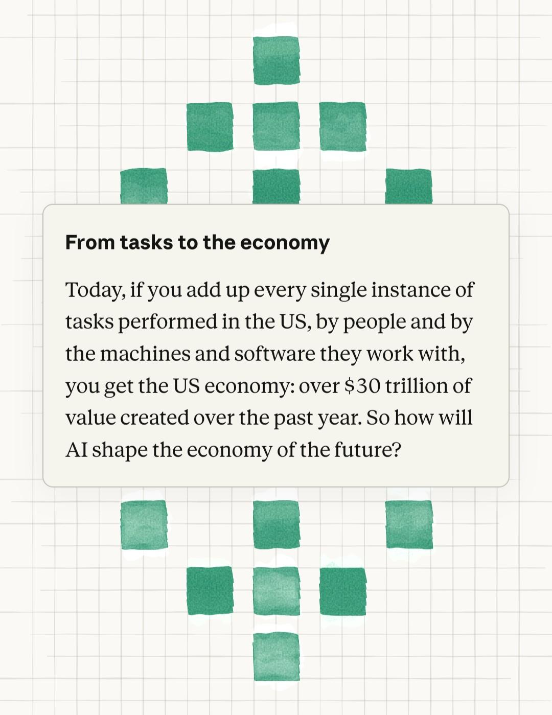 From tasks to the economy Today, if you add up every single instance of tasks performed in the US, by people and by the machines and software they work with, you get the US economy: over $30 trillion of value created over the past year. So how will AI shape the economy of the future?
