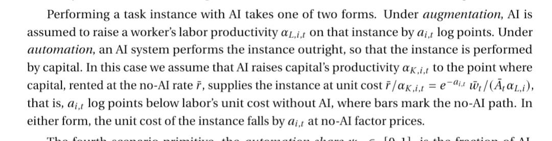 Performing a task instance with AI takes one of two forms. Under augmentation, AI is assumed to raise a worker’s labor productivity 𝛼𝐿,𝑖 ,𝑡 on that instance by 𝑎𝑖 ,𝑡 log points. Under automation, an AI system performs the instance outright, so that the instance is performed by capital. In this case we assume that AI raises capital’s productivity 𝛼𝐾 ,𝑖 ,𝑡 to the point where capital, rented at the no-AI rate ¯𝑟 , supplies the instance at unit cost ¯𝑟 /𝛼𝐾 ,𝑖 ,𝑡 = 𝑒 −𝑎𝑖 ,𝑡 ¯𝑤𝑡 /( ¯𝐴𝑡 𝛼𝐿,𝑖 ), that is, 𝑎𝑖 ,𝑡 log points below labor’s unit cost without AI, where bars mark the no-AI path. In either form, the unit cost of the instance falls by 𝑎𝑖 ,𝑡 at no-AI factor prices
