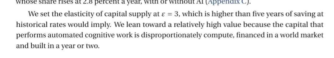 We set the elasticity of capital supply at 𝜀 = 3, which is higher than five years of saving at historical rates would imply. We lean toward a relatively high value because the capital that performs automated cognitive work is disproportionately compute, financed in a world market and built in a year or two