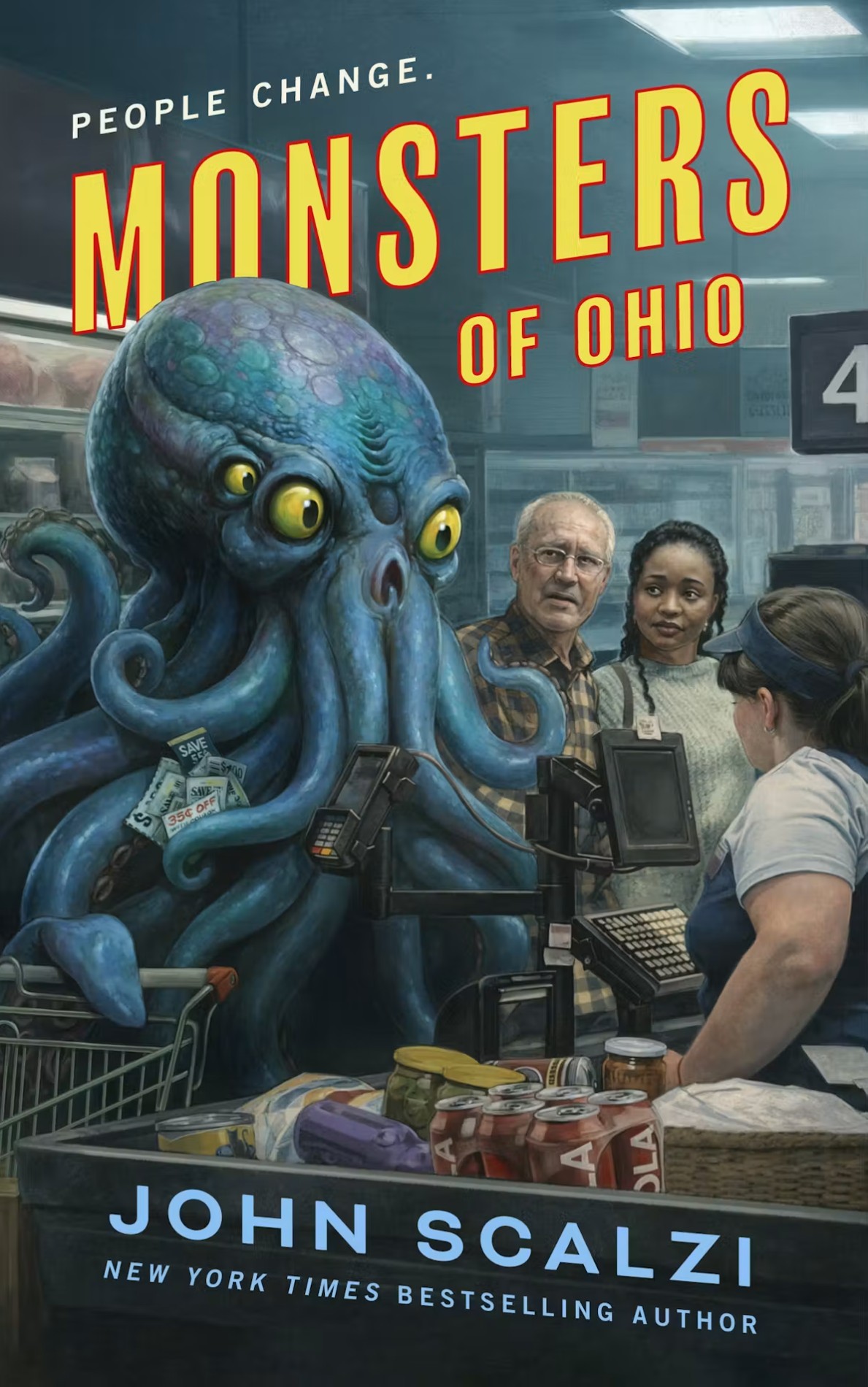 The absolutely amazing cover for Monsters of Ohio, by Michael Koelsch, which features a Chthulu-like created having its groceries rung up at the supermarket. And they have coupons!
