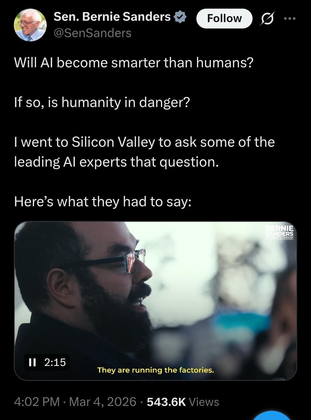 Sen. Bernie Sanders @SenSanders Will AI become smarter than humans? If so, is humanity in danger? I went to Silicon Valley to ask some of the leading AI experts that question. Here's what they had to say.  Showing a photo of Elsevier Yudkowsky