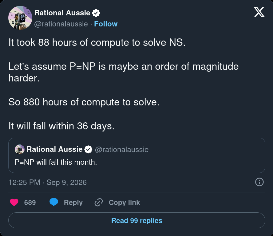 Rational Aussie @rationalaussie Rational Aussie @rationalaussie It took 88 hours of compute to solve NS. Let's assume P=NP is maybe an order of magnitude harder. So 880 hours of compute to solve. It will fall within 36 days.