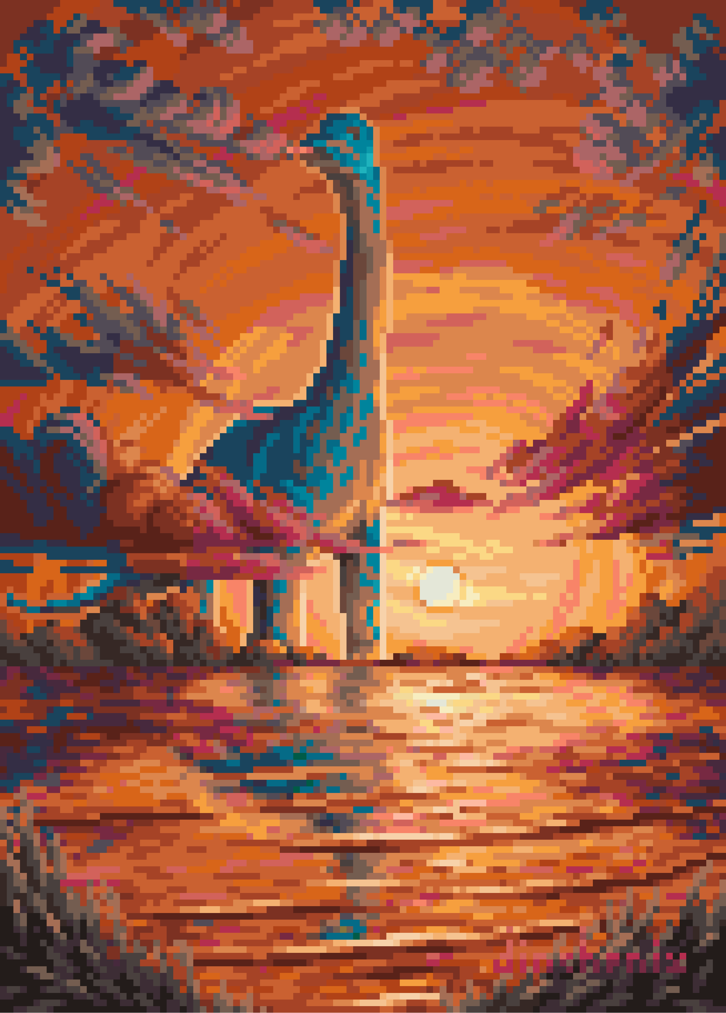 pixel art ilustration showing a bright red sunset over the sea, at the horizon is a dino reaching for clouds with its head.