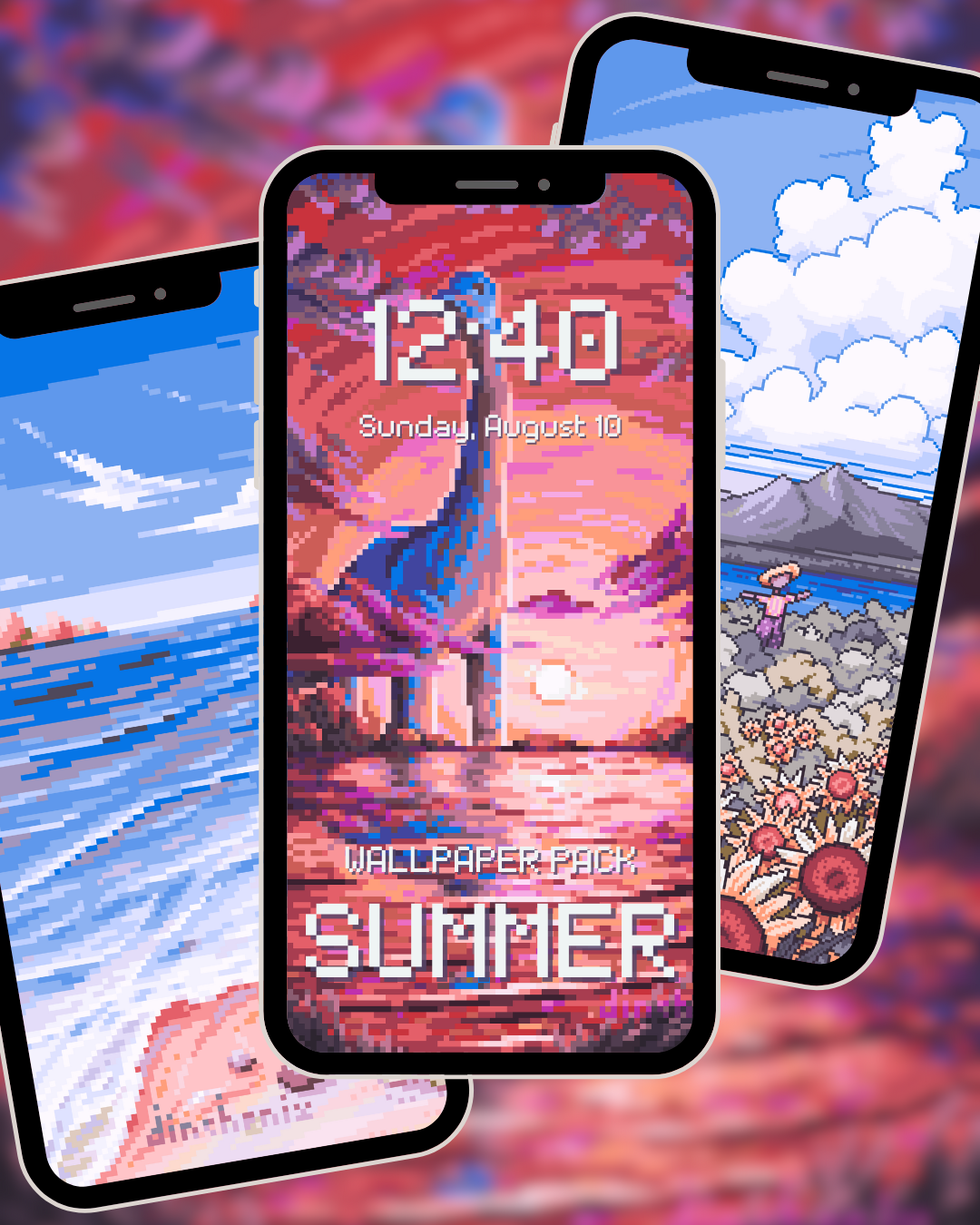 the summer dinosaur artwork show as a wallpaper in a mobile phone mock-up, in the background are more wallpaper mock-ups on more phones