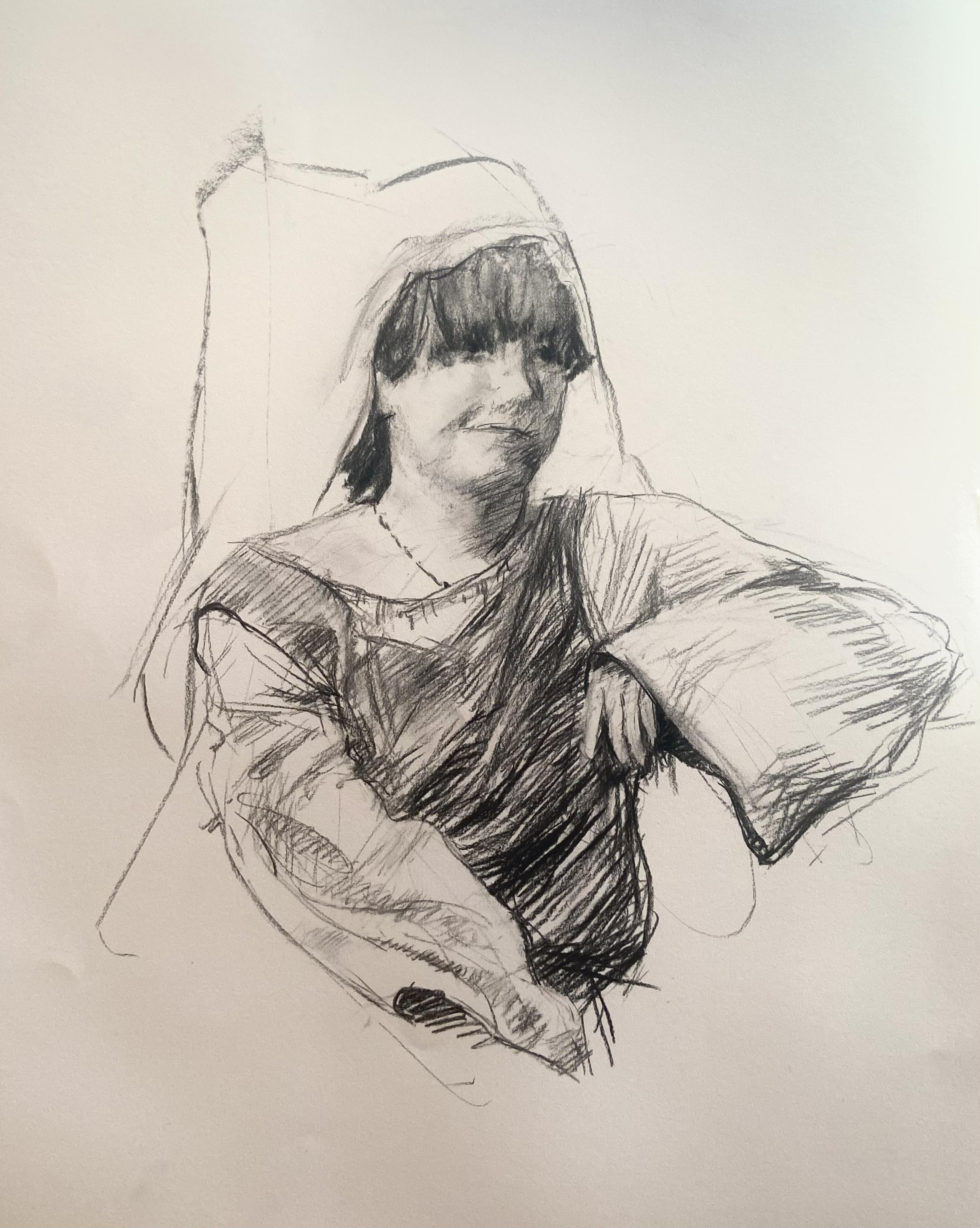 Charcoal drawing of a young woman wearing medieval costume. It looks like she has no right hand, but it is really a very long sleeve.