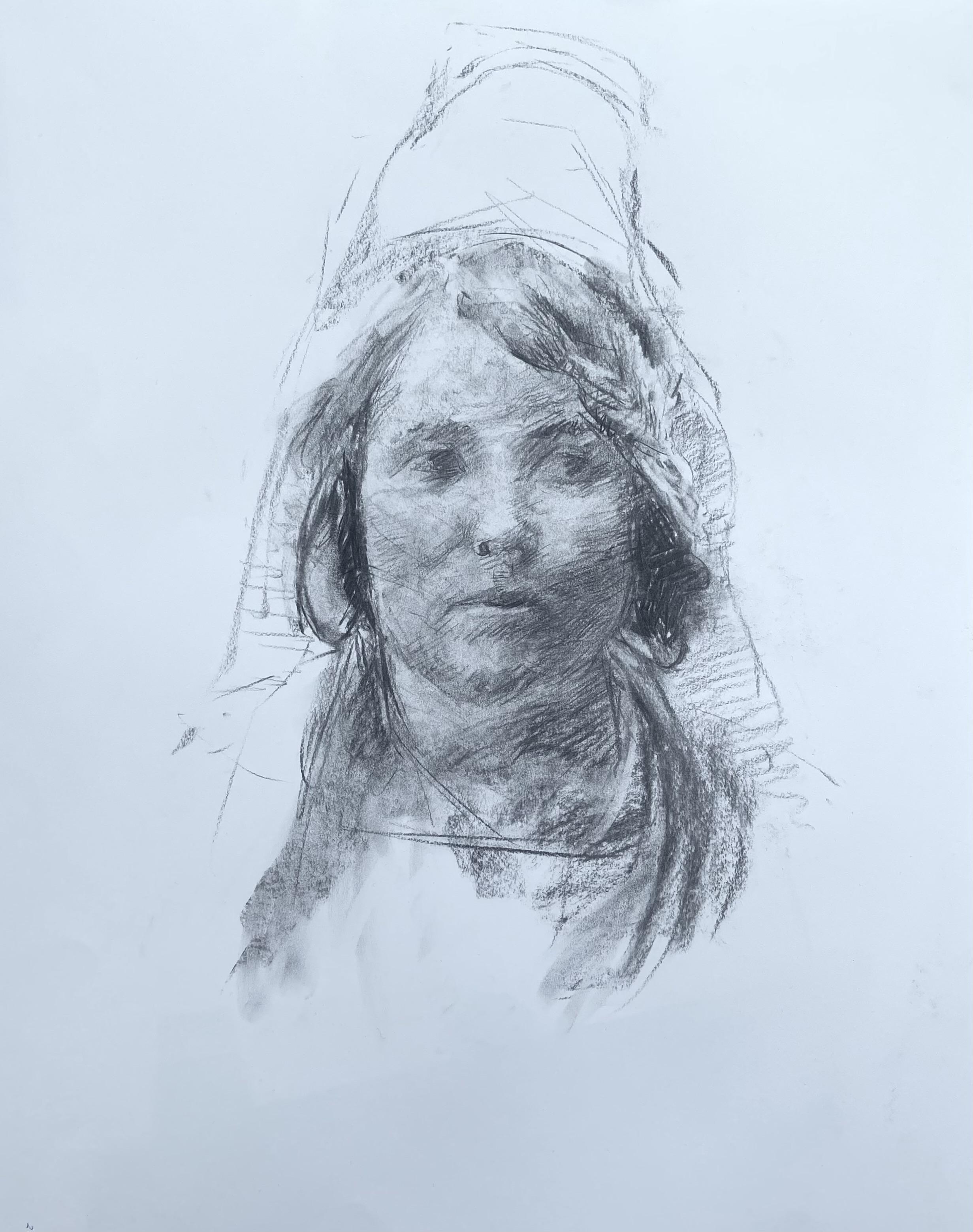 Charcoal drawing of the face of a young woman. It’s very haphazardly drawn and the hair doesn’t really look like hair. It’s supposed to be braided.