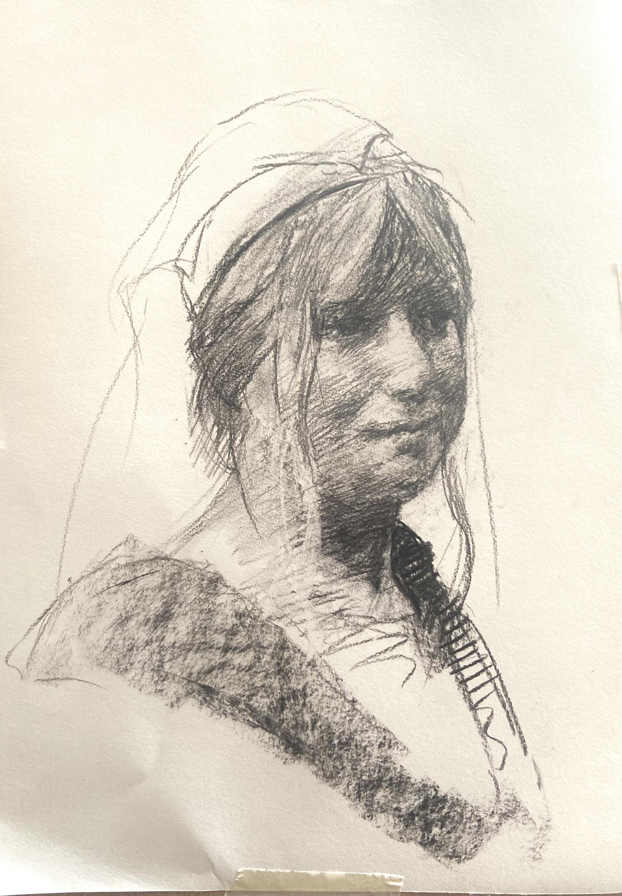 Portrait of a woman done in charcoal. I can’t think of any more significant descriptors. There’s eyes, hair, neck, stuff. It’s a portrait.
