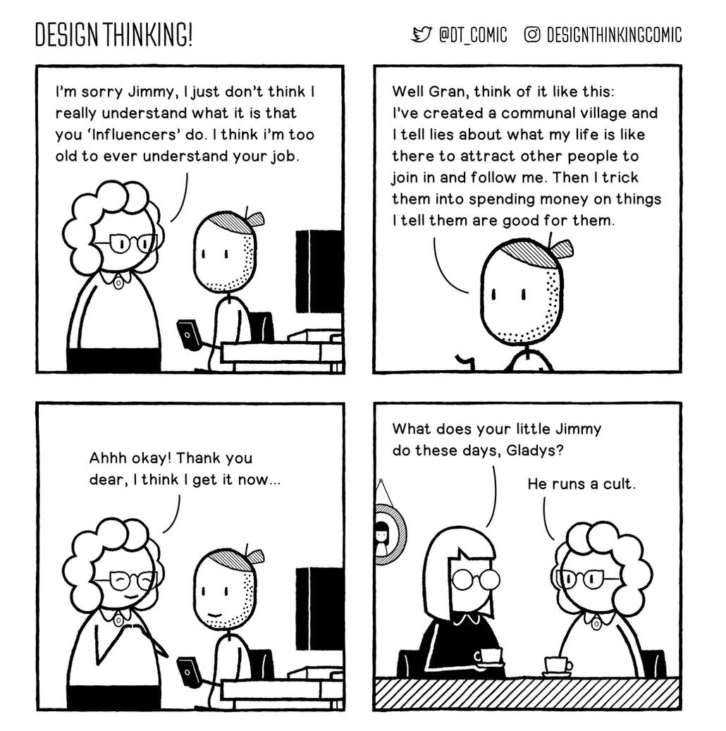 Comic about the idea that influencers are actually cult-leaders