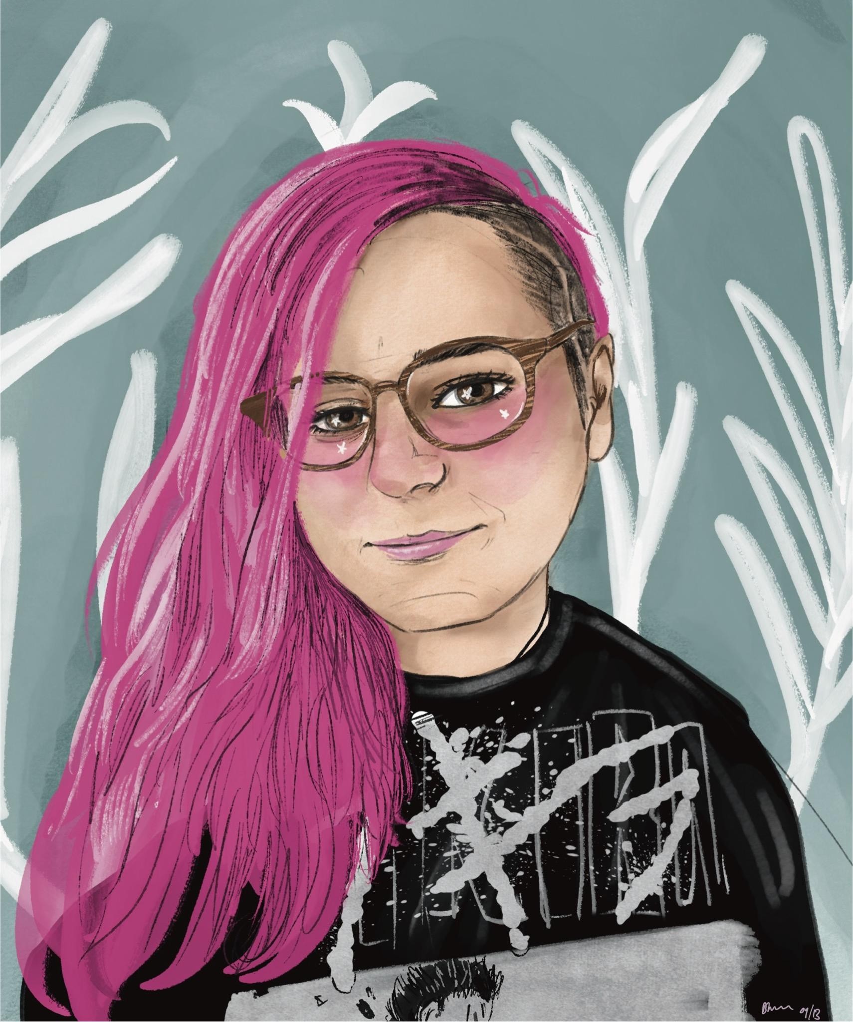 A digital drawing of me wearing a black akira t-shirt with bright pink hair, a side shave and glasses