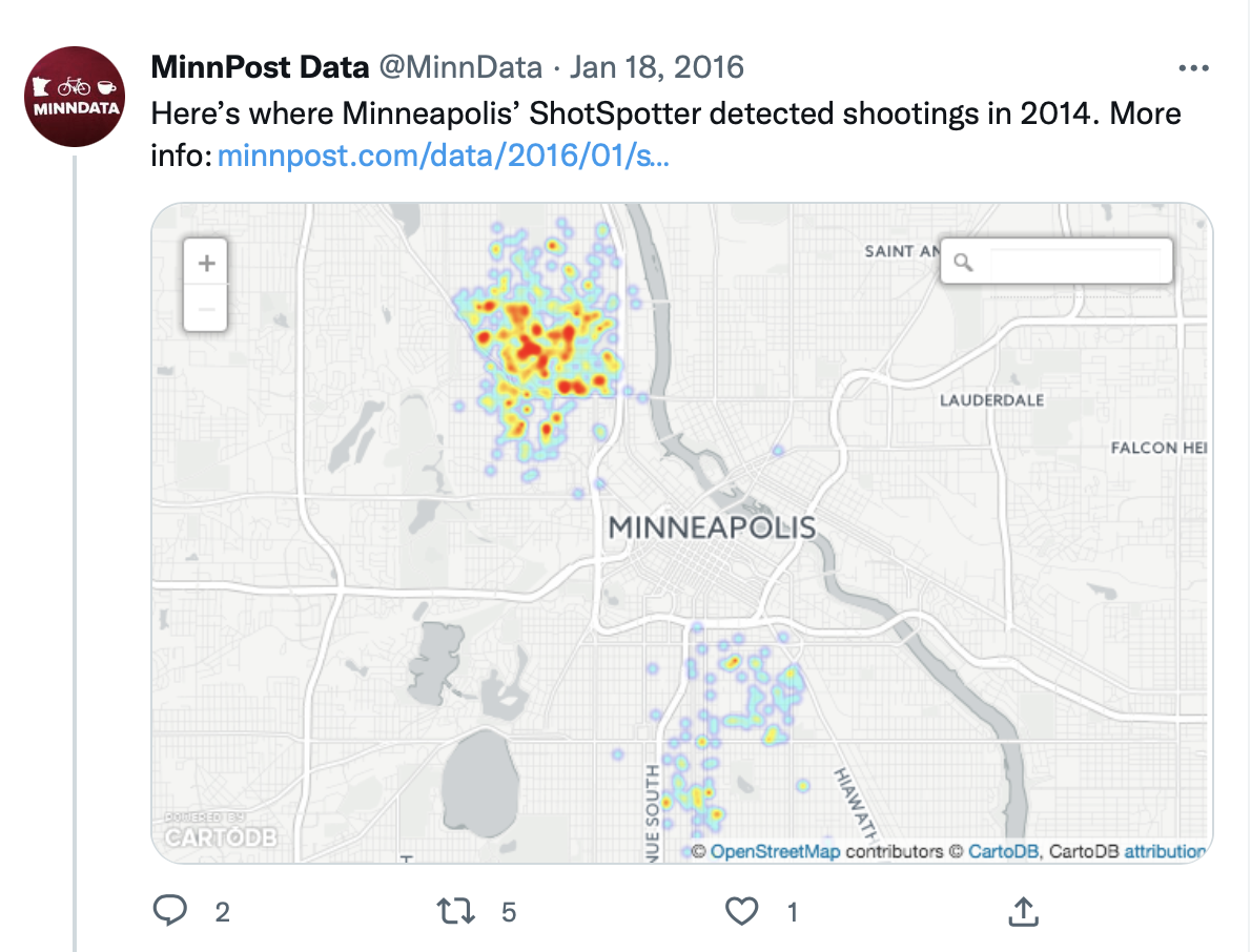 MinnPost data: “Here’s where Minneapolis’s ShotSpotter detected shootings in 2014.” Map shows tight clusters of “shootings” in certain neighbors, completely empty in others.