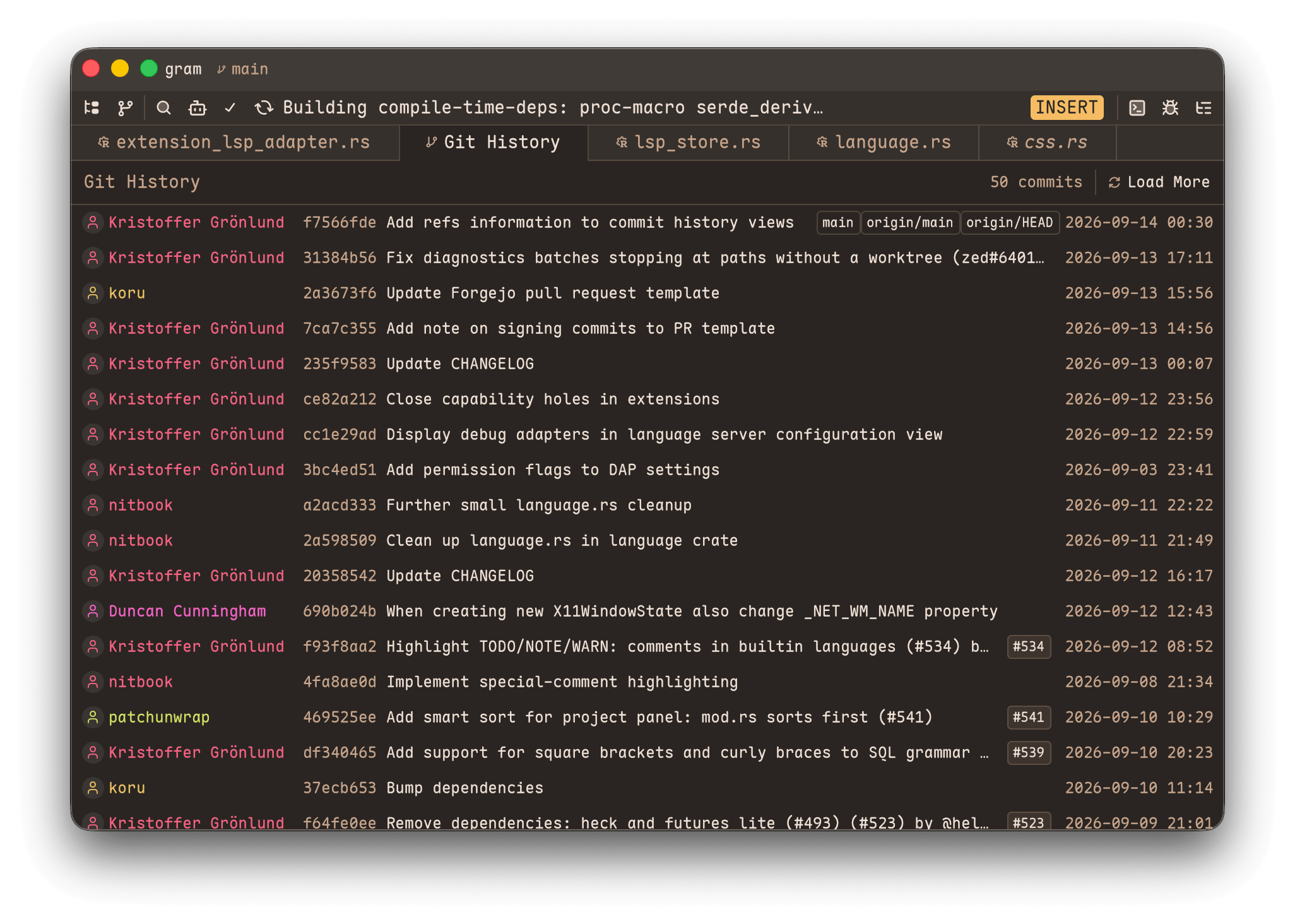 Screenshot of development version of Gram, showing the git history view with refs displayed as chips.