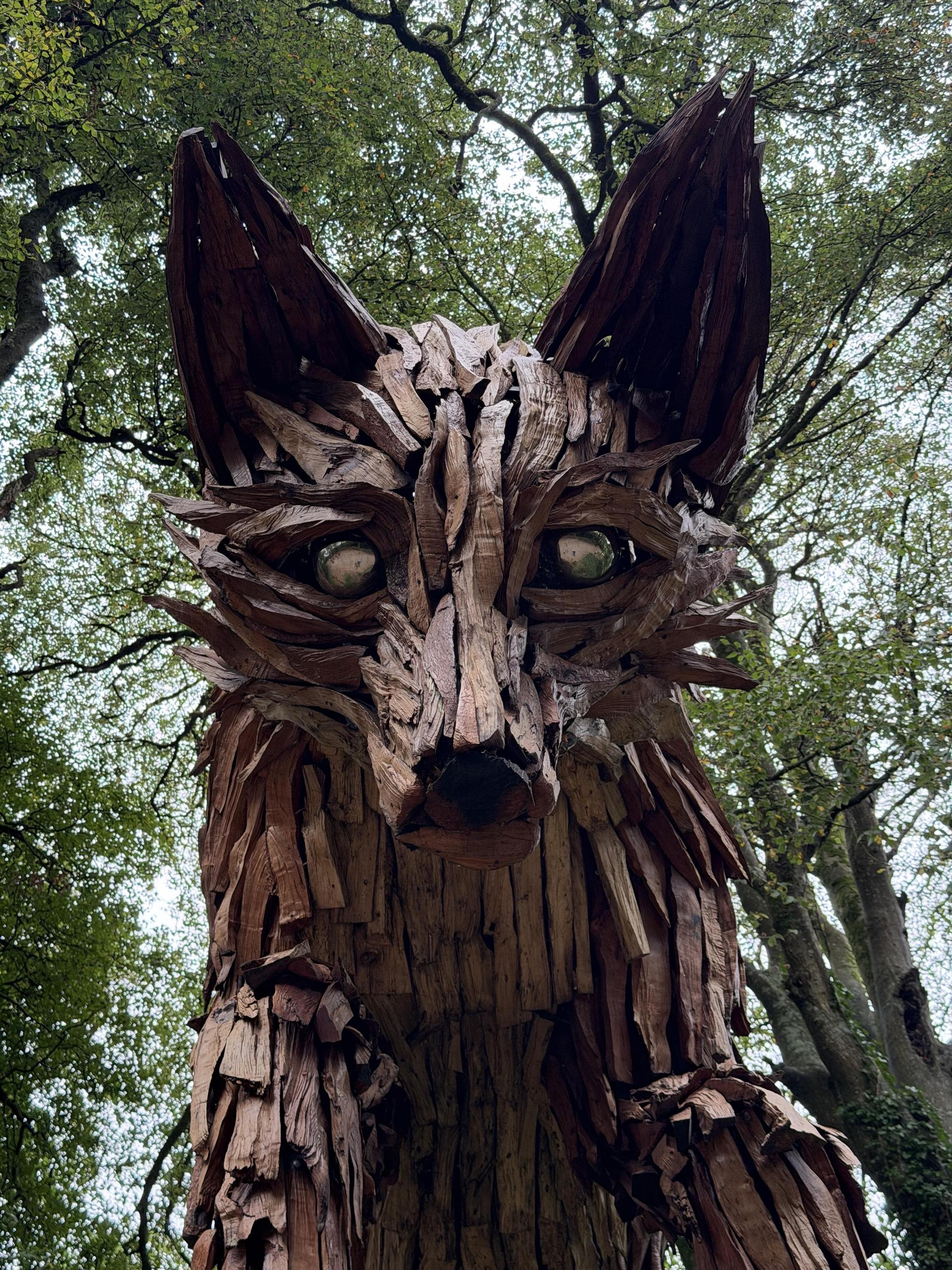 The head of a large Fox sculpture made from pieces of wood, set in the words of Helegan. The eyes are bronze coloured.