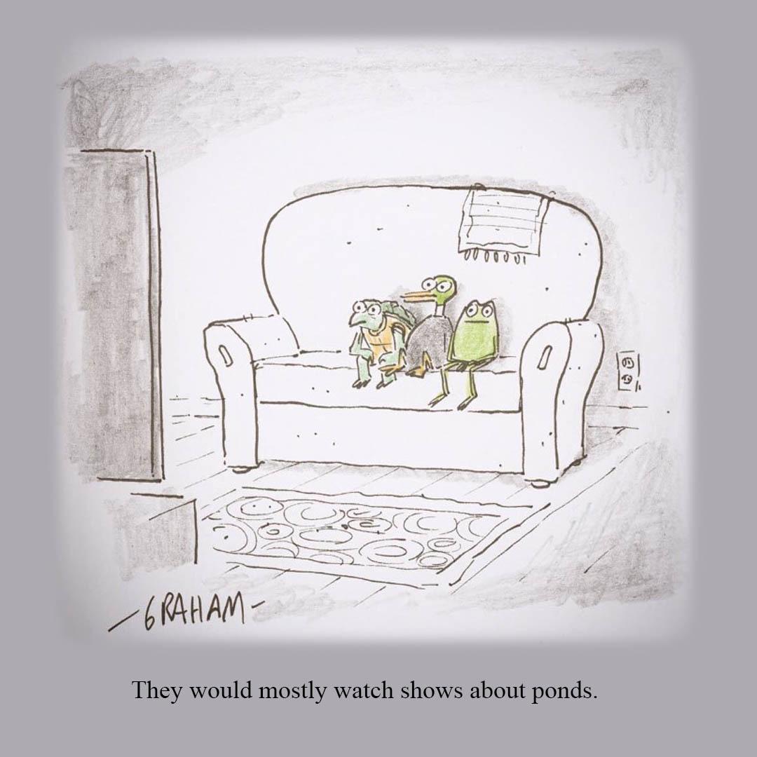 Three friends, a frog, duck, and turtle, sit together on a living-room couch watching TV, illustrating the joke caption: "They would mostly watch shows about ponds."