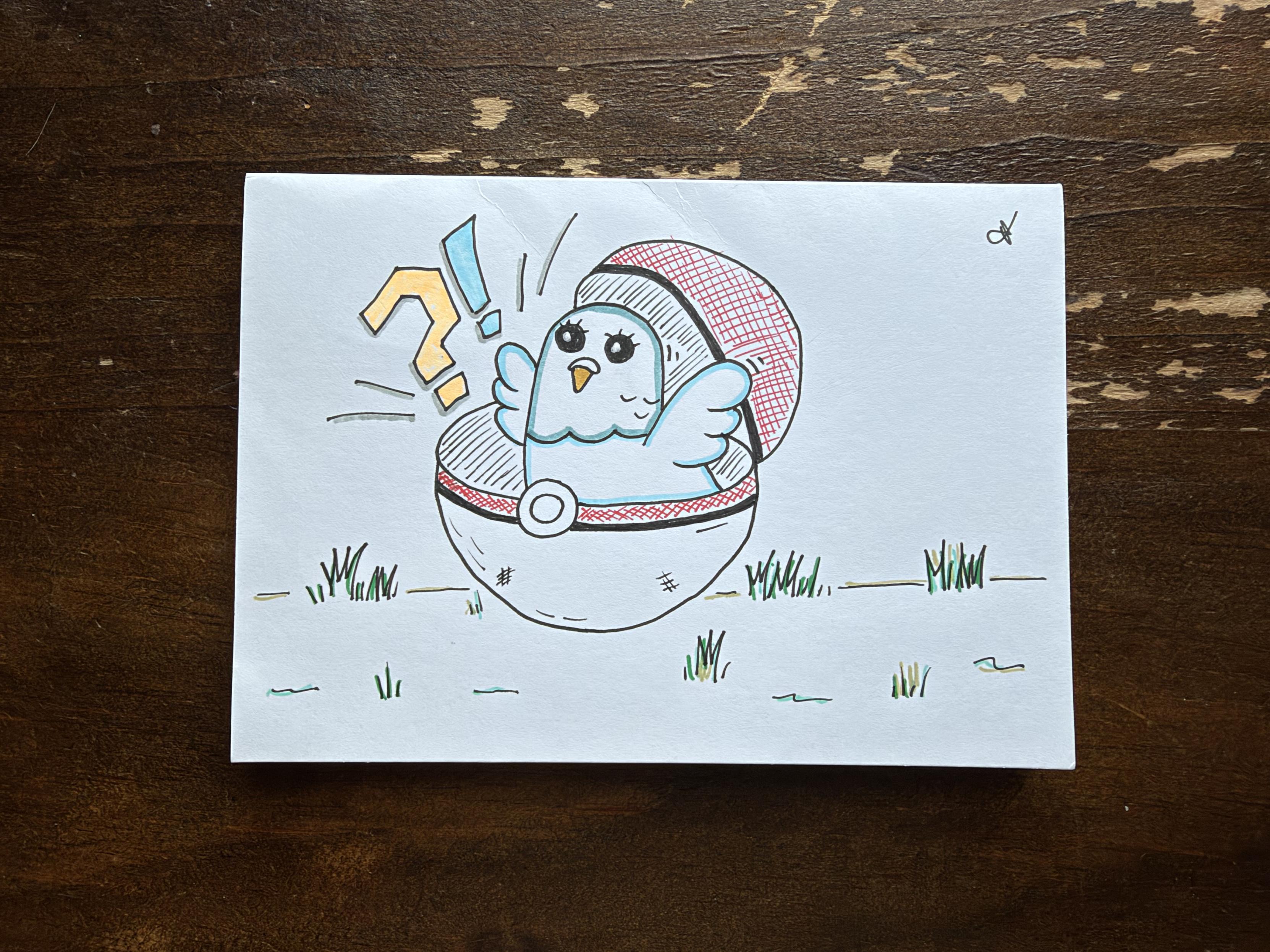 Illustrated version of Penelope from omg.lol coming out of a standard Pokeball
