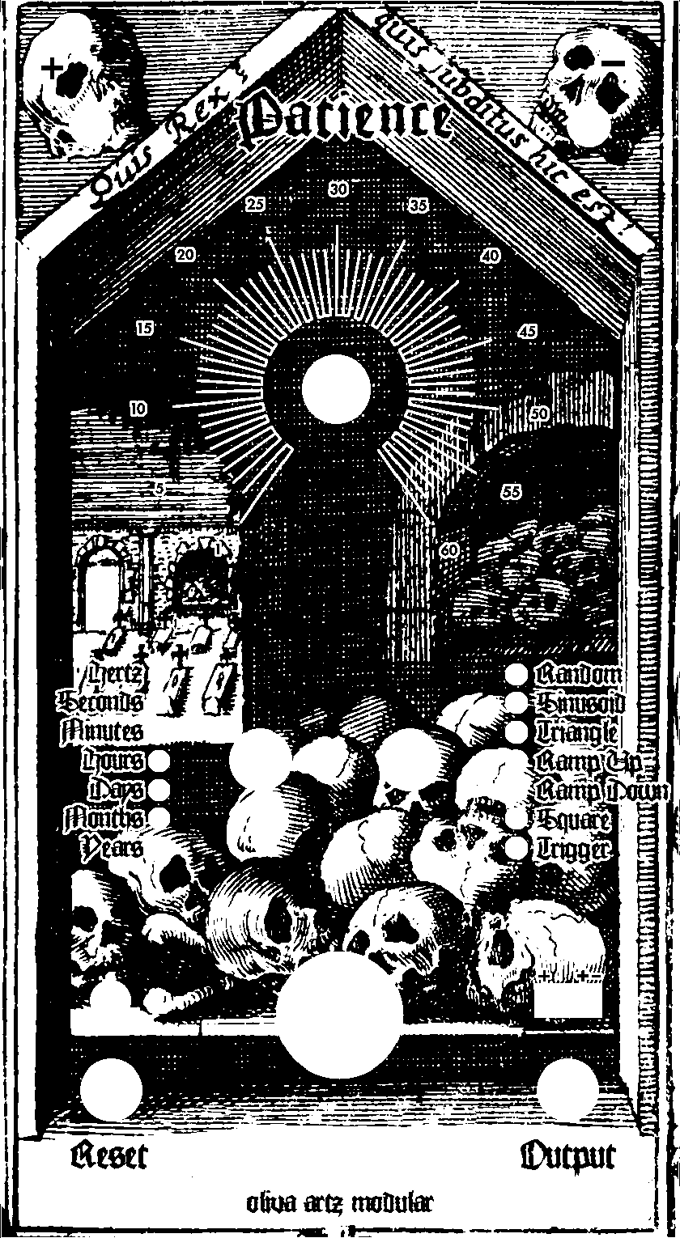 a line cut drawing with many skulls piled up, and calligraphic writing in Latin around it