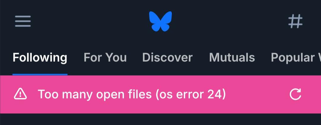 same on the "following" tab, which is not a feed per se, but reverse cron of the people I follow. a different looking error message, this one pink and terse:"too many open files" (os error 24)
