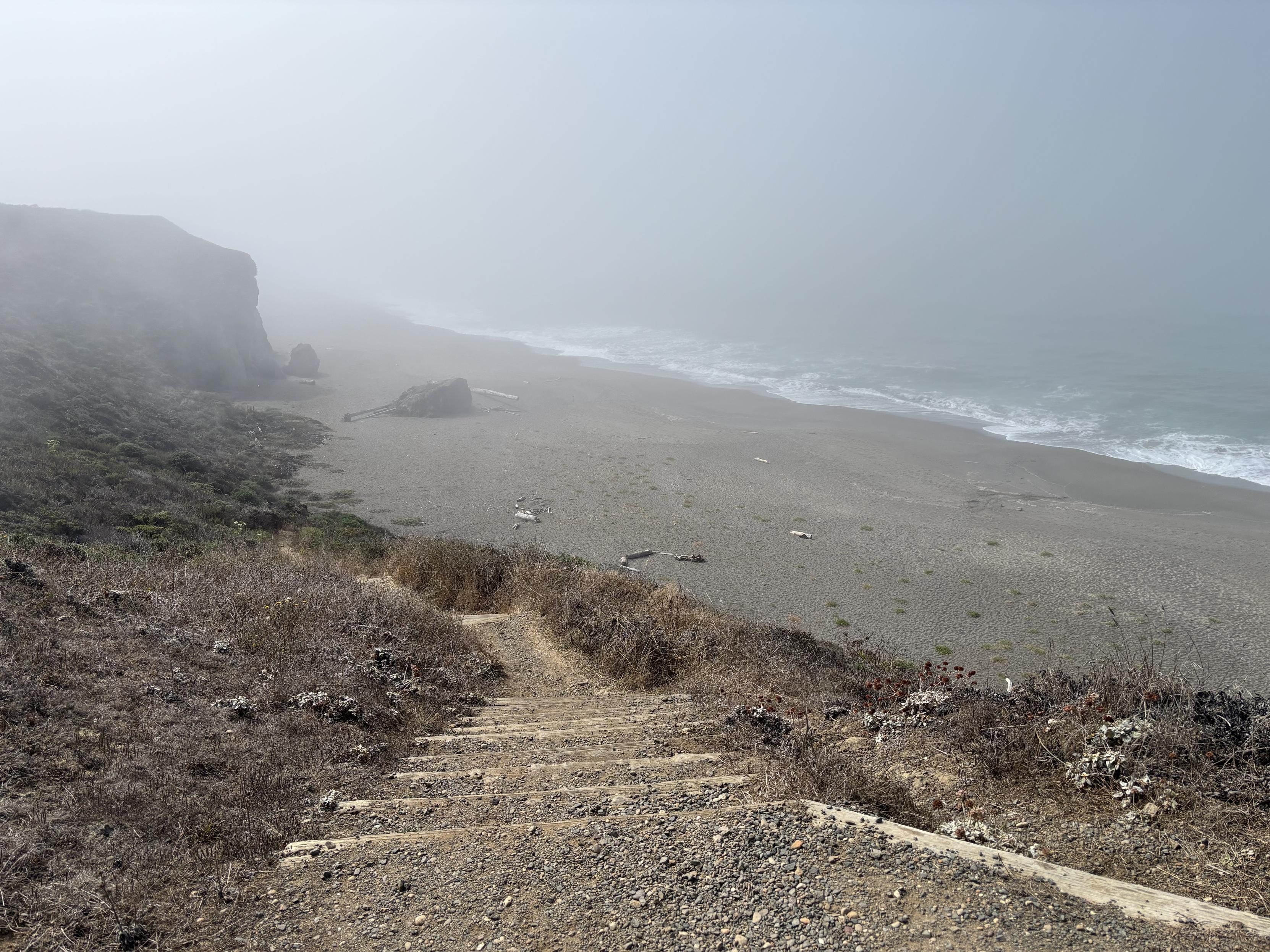 steep gravel and wood steps along a path down to a beach shrouded in fog, with an incoming tide