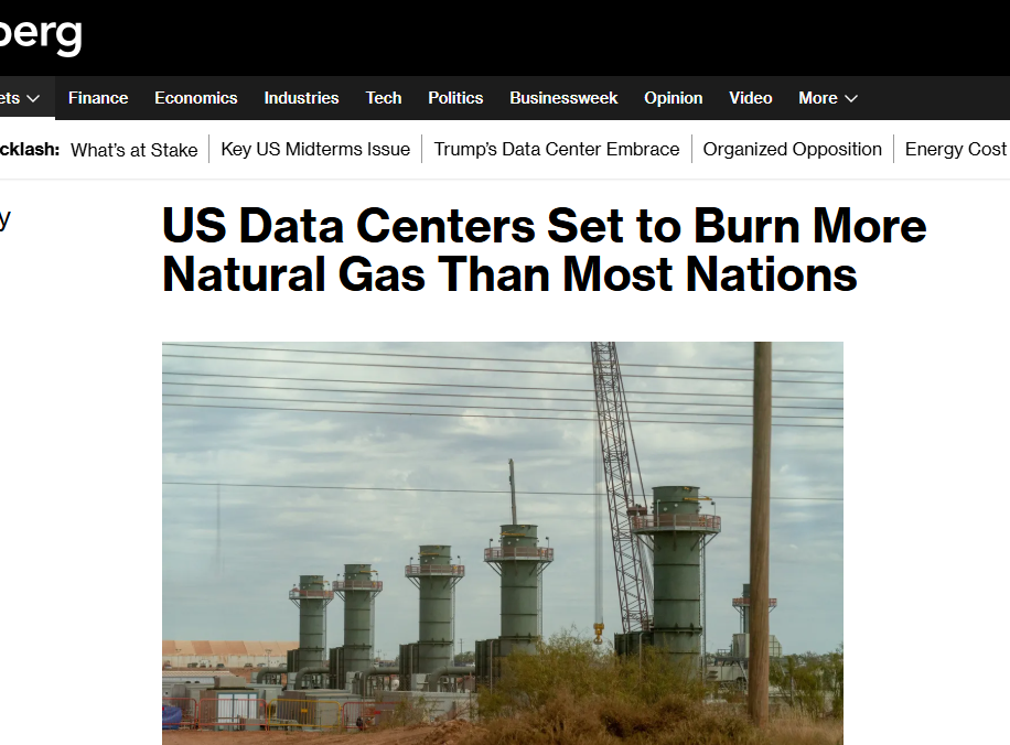 Headline: "US Data Centers Set to Burn More Natural Gas Than Most Nations" above a photo of natural gas compressor towers, power lines and a crane at an industrial site, illustrating rising gas use tied to data centers.