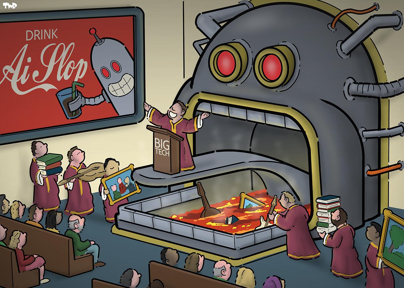 A satirical cartoon showing a cult-like gathering centred around a large altar resembling a robot head with glowing red eyes and a mouth that full of lava. A priest stands on a metal tongue emerging from the lava-filled mouth. Several figures are feeding books, paintings, and framed artworks into the fiery opening. On the wall behind, a red advertisement poster parodies Coca-Cola branding, reading 'Drink AI Slop' and featuring a smiling robot holding a drink.