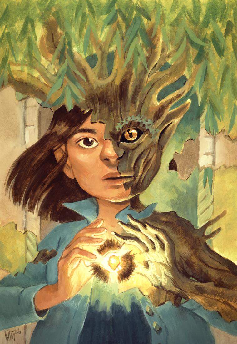 Painting of a girl / dryad holding a floating, glowing magical seed.