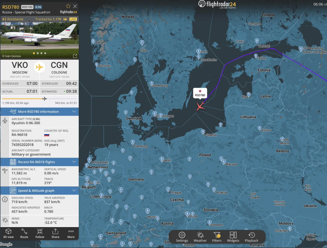 A flight map showing the aircraft departed Moscow Vnukovo this morning and was scheduled to land at Cologne/Bonn Airport Germany at around 09:40 local time