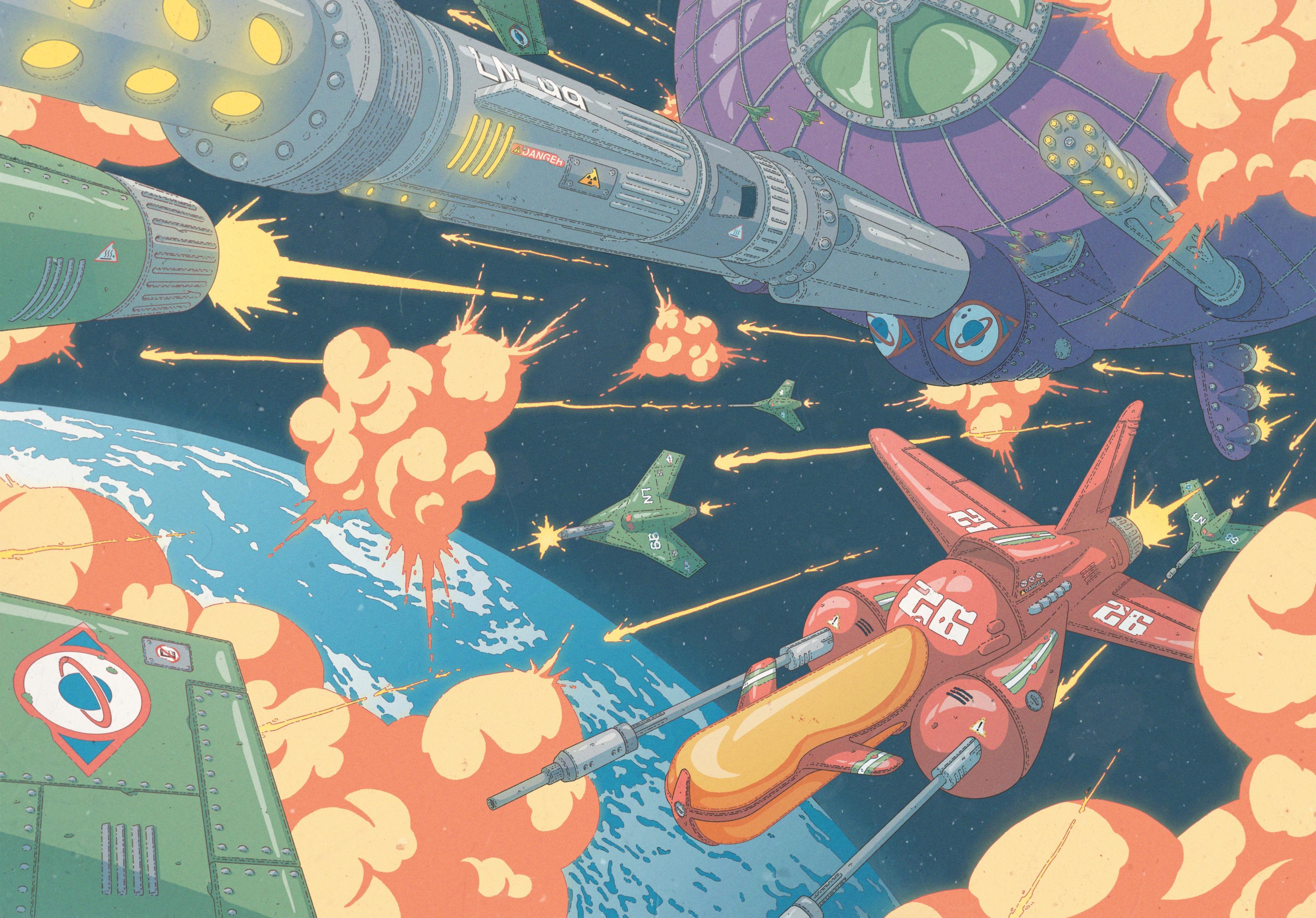Color illustration, showing a space battle between a hero-ship and different enemy-ships. Explosions fill the scene, and a big blue planet can be seen in the background.